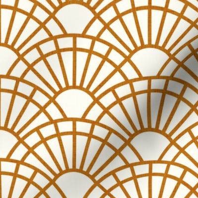 Serene Sunshine- 15 Desert Sun on Off White- Art Deco Wallpaper- Geometric Minimalist Monochromatic Scalloped Suns- Petal Cotton Solids Coordinate- Small- Copper- Earth Tone- Ocher- Mustard- Neutral