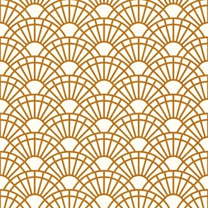 Serene Sunshine- 15 Desert Sun on Off White- Art Deco Wallpaper- Geometric Minimalist Monochromatic Scalloped Suns- Petal Cotton Solids Coordinate- Small- Copper- Earth Tone- Ocher- Mustard- Neutral