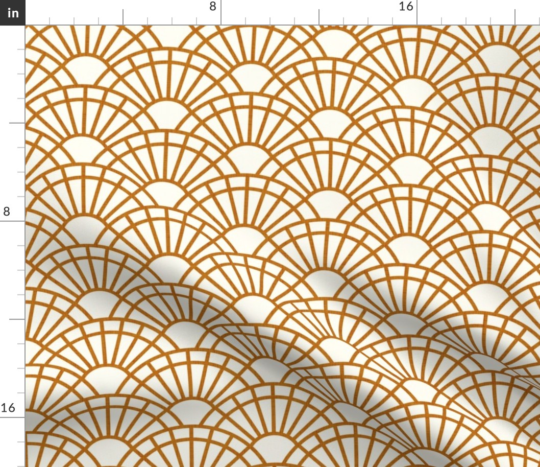 Serene Sunshine- 15 Desert Sun on Off White- Art Deco Wallpaper- Geometric Minimalist Monochromatic Scalloped Suns- Petal Cotton Solids Coordinate- Small- Copper- Earth Tone- Ocher- Mustard- Neutral