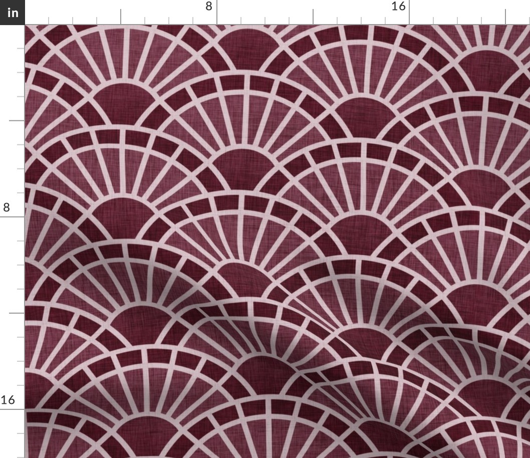Serene Sunshine- 16 Wine- Art Deco Wallpaper- Geometric Minimalist Monochromatic Scalloped Suns- Petal Cotton Solids Coordinate- Medium- Burgundy- Dark Red
