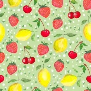 Lemons Strawberries and Cherries on Green