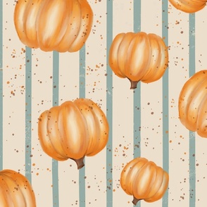 Large//Halloween tossed orange pumpkins and pastel aqua turquoise stripes in cream - scattered tan brown dots