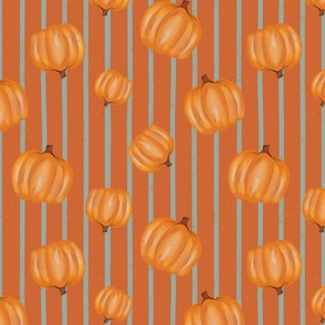 Large//Halloween tossed orange pumpkins and pastel aqua turquoise stripes in burnt orange