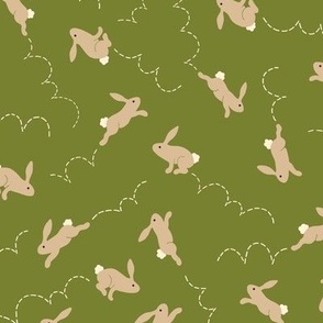 Bunny Hop - rabbits on olive green - mini