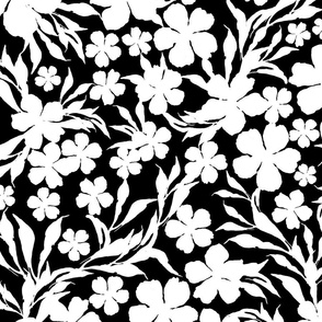 large-Loose florals and branches - white on black
