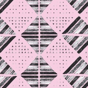 Bold Diamond Checkerboard Collage with Geometric Dots & Triangles - Pink & Grey