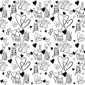 Cats and Hearts Black and White Sketch