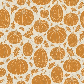 Large Pumpkin Patch Block Print for Halloween in Bohemian Golden Mustard and Ivory