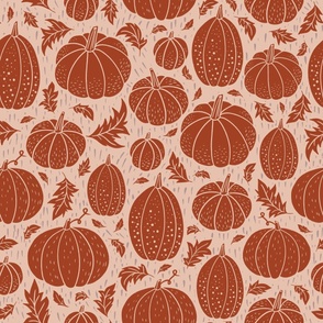 Large Pumpkin Patch Block Print for Halloween in Rust and Rose Pink