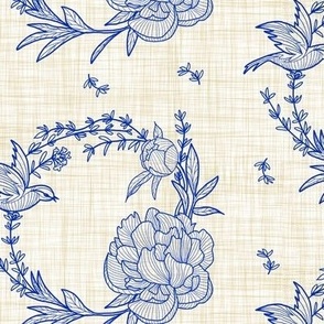 peony, songbird & thyme - cottagecore wreath lineart illustration on linen texture