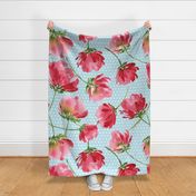 Jumbo Scale Tossed Loose Crimson Red Watercolor Florals on Baby Blue - Close Polka Dots