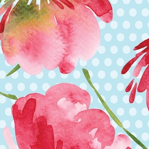 Jumbo Scale Tossed Loose Crimson Red Watercolor Florals on Baby Blue - Close Polka Dots