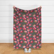 Medium Scale Tossed Loose Crimson Red Watercolor Florals on Slate Grey - Spaced out Polka Dots