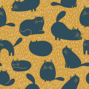 Large Cat Block Print in Gold and Blue