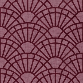 Serene Sunshine- 16 Wine on Wine- Art Deco Wallpaper- Geometric Minimalist Monochromatic Scalloped Suns- Petal Cotton Solids Coordinate- Large- Burgundy- Dark Red