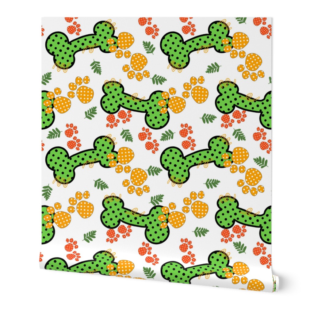 Polka dot dog bones and paws, green, yellow, orange on white background -large