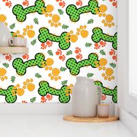 Polka dot dog bones and paws, green, yellow, orange on white background -large