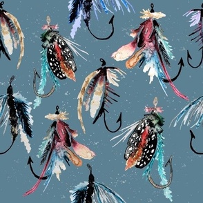 Large teal fly fishing lures / watercolor / feather