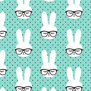 (med scale) bunny with glasses - dark aqua polka C23