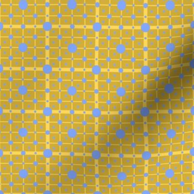 French Country linen yellow checkered print on yellow 2 with big and medium and small blue dots
