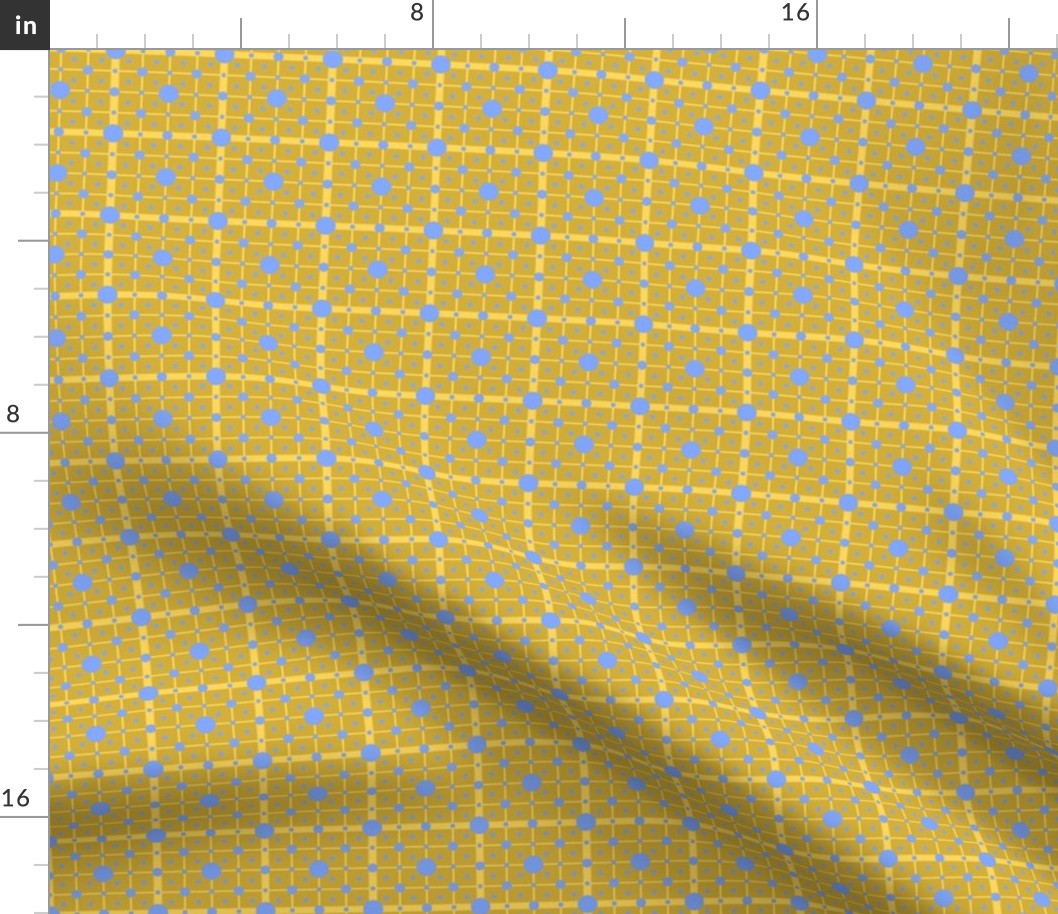 French Country linen yellow checkered print on yellow 2 with big and medium and small blue dots