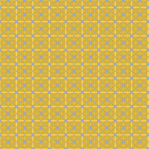 French Country linen yellow checkered print on yellow 2 with big and medium blue dots