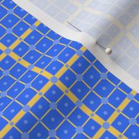 French Country linen yellow checkered print on blue with small and medium dots