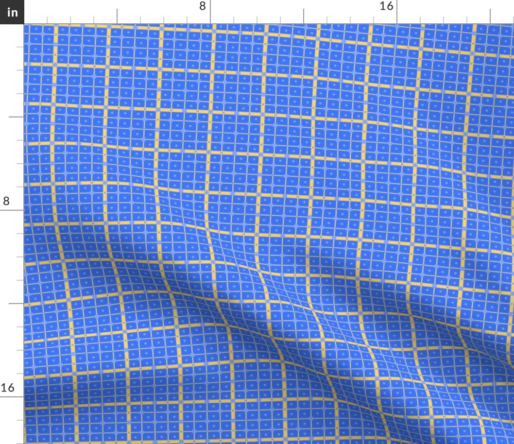 French Country linen yellow checkered print on blue with small and medium dots