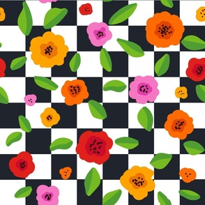 bright bold fun colorful groovy checks and ditsy flowers repeat design