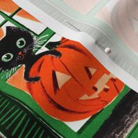 Halloween black cats jack-o-lanterns pumpkins windows green eyes orange vintage retro kitsch 