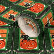 Halloween black cats jack-o-lanterns pumpkins windows green eyes orange vintage retro kitsch 