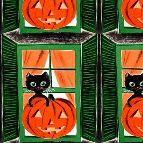 Halloween black cats jack-o-lanterns pumpkins windows green eyes orange vintage retro kitsch 