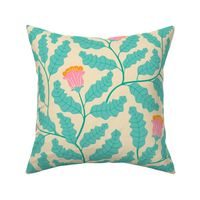 Calming climbing wild flowers in mint ecru cream and soft pink pastel colors