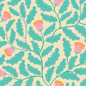 Calming climbing wild flowers in mint ecru cream and soft pink pastel colors