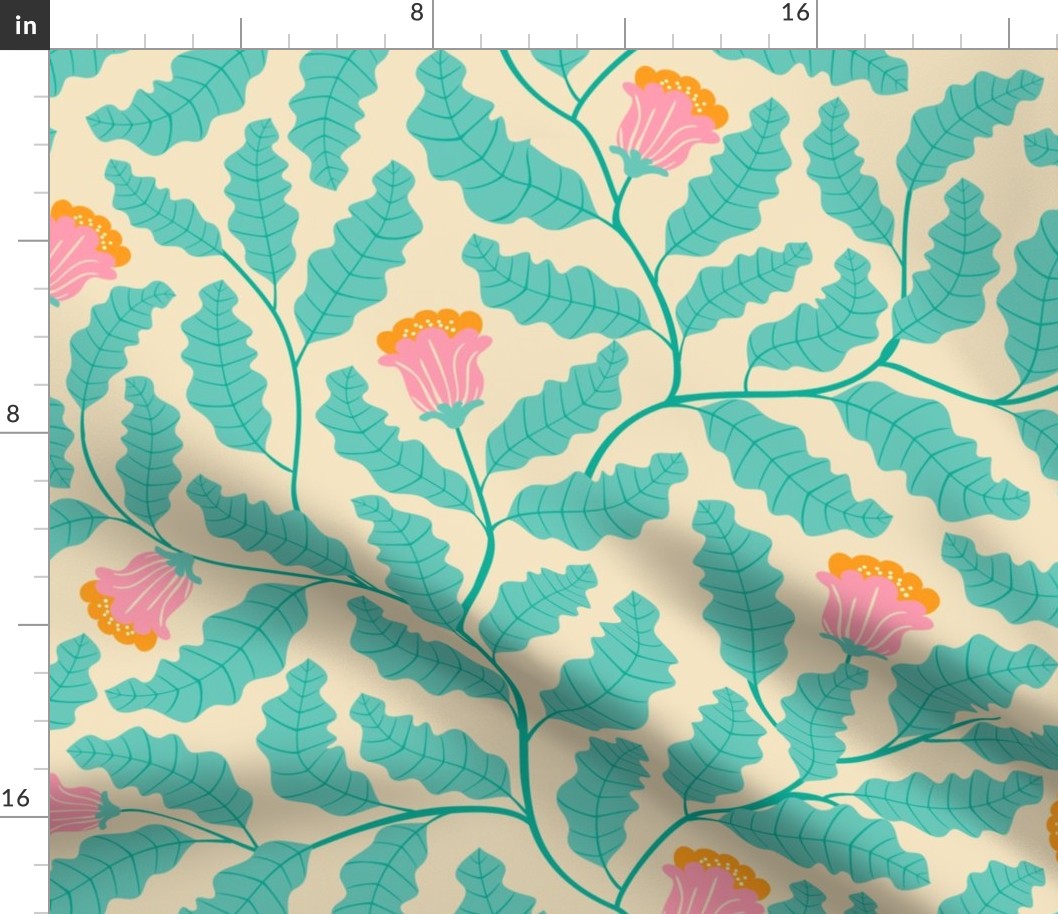 Calming climbing wild flowers in mint ecru cream and soft pink pastel colors