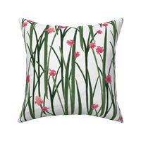 Hand Painted Green Grass With Pink Flowers Off White Medium