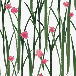 Hand Painted Green Grass With Pink Flowers Off White Medium