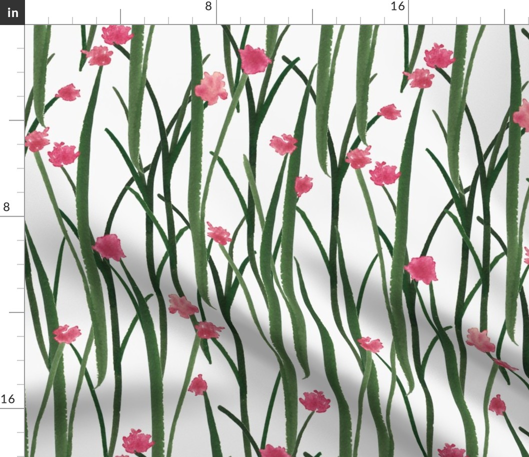 Hand Painted Green Grass With Pink Flowers Off White Medium