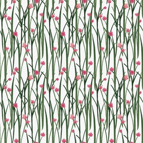 Hand Painted Green Grass With Pink Flowers Off White Small