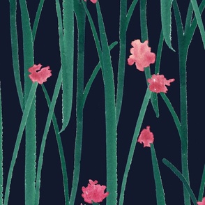 Hand Painted Green Grass With Pink Flowers Navy Blue Large