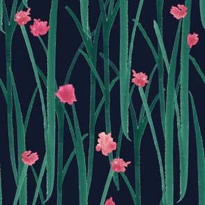 Hand Painted Green Grass With Pink Flowers Navy Blue Medium