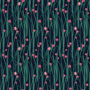 Hand Painted Green Grass With Pink Flowers Navy Blue Small