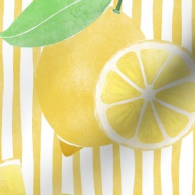 Lovely Lemons  on Stripes     |    Large scale in Yellow and White