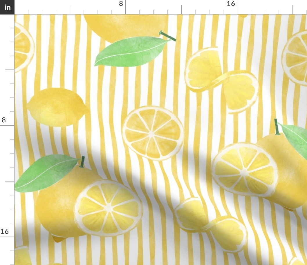 Lovely Lemons  on Stripes     |    Large scale in Yellow and White