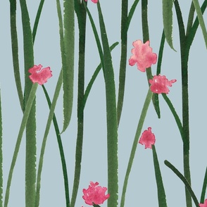 Hand Painted Green Grass With Pink Flowers Sky Blue Large