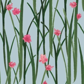 Hand Painted Green Grass With Pink Flowers Sky Blue Medium