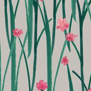 Hand Painted Green Grass With Pink Flowers Neutral Large