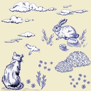 French Country Toile Bunny and Cat in Light Cobalt Blue