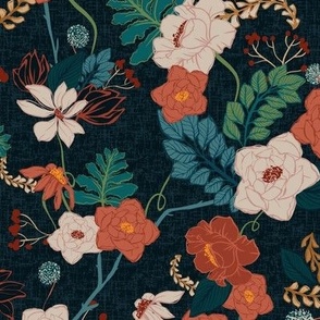 Small - Vintage Peony Garden - Linen Textured - Navy Blue
