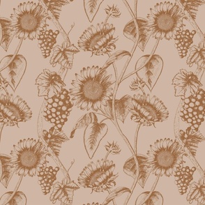 Toile de jouy grapevines and sunflowers terracotta brown tan - medium scale